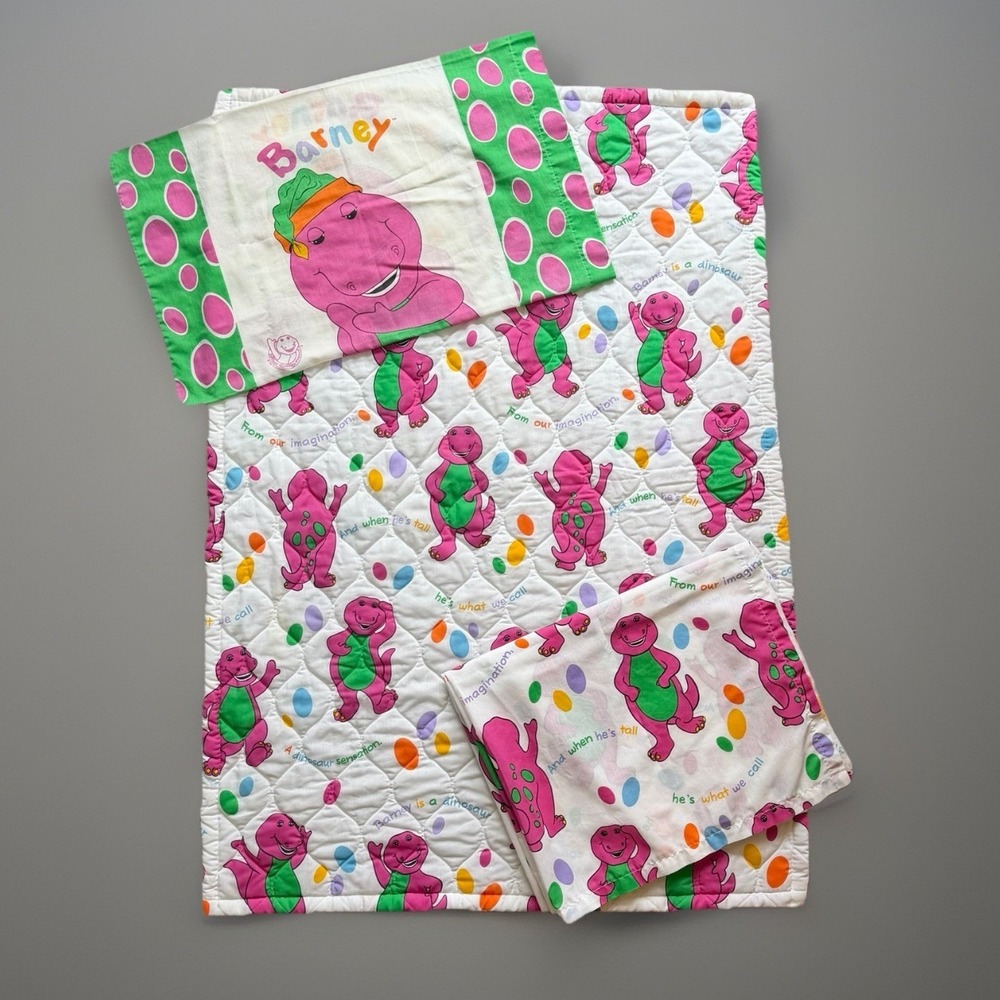 Vtg 1992 Barney Crib/ Toddler Bed Set Comforter Pillow Case Flat Sheet